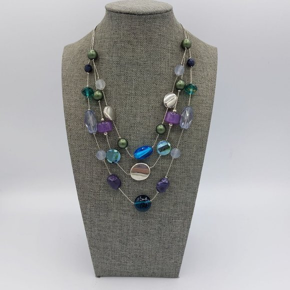 Colorful Necklace Satellite beads Tripple Strand Silver toned Lucite Abalone - Picture 1 of 8